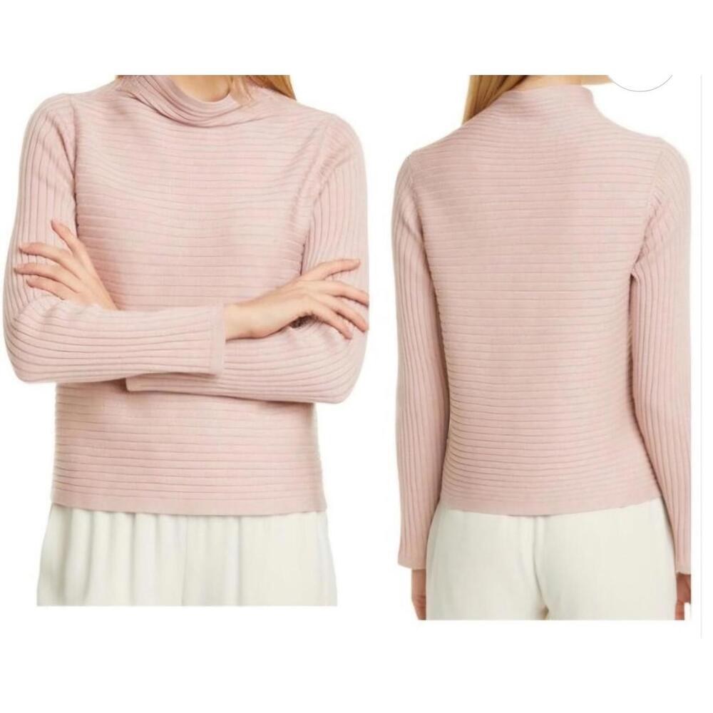 Eileen Fisher Rose Pink Ribbed Mock Neck Top 100% Merino Wool Size P/S